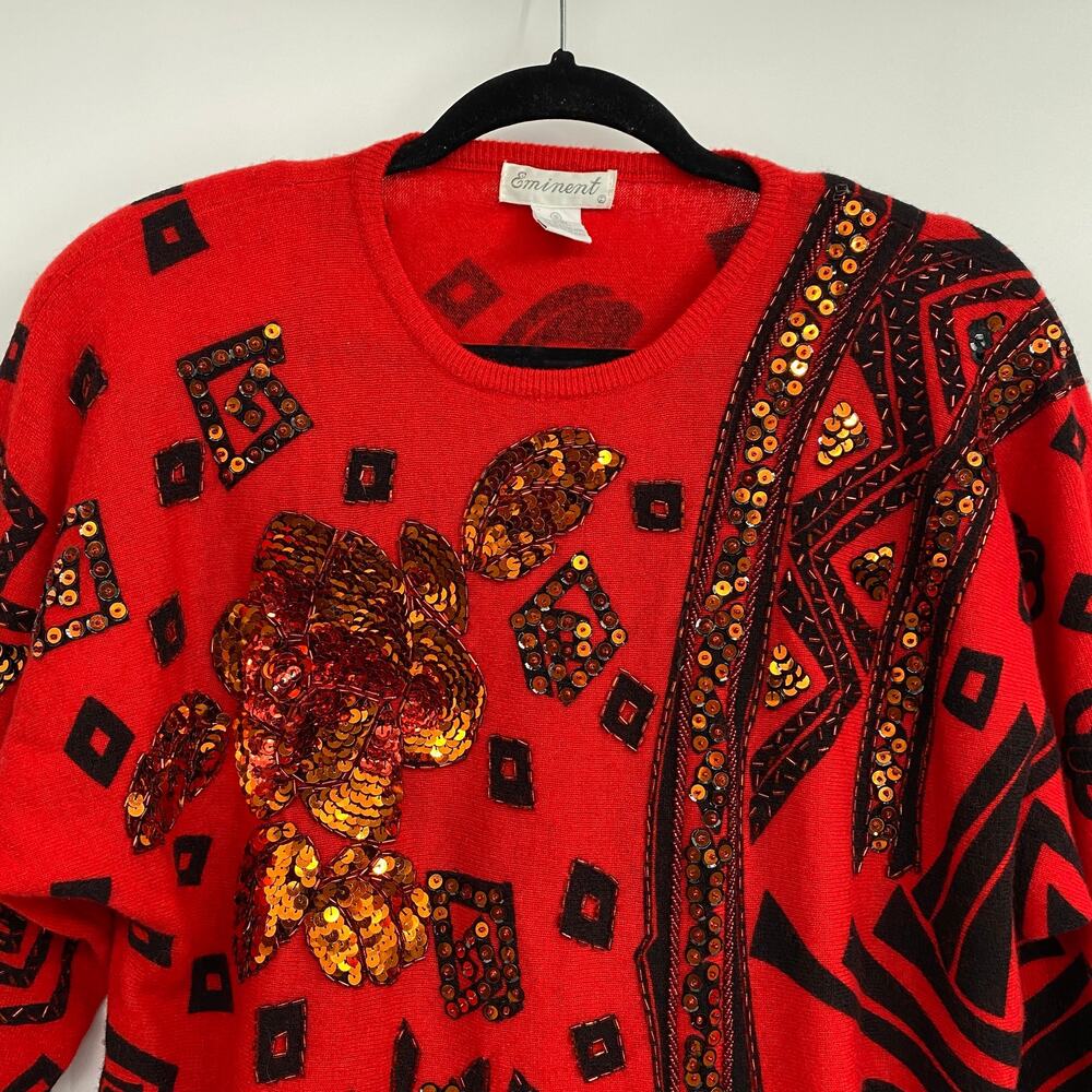 Vintage 80s Lambswool Sweater Beaded Sequined Oversized Red Gold Black Womens S - Picture 2 of 5